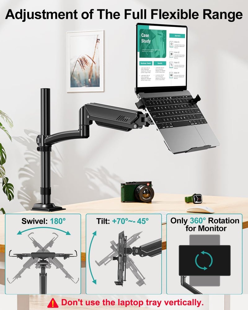 MOUNT PRO Laptop Arm Desk Mount, Single Monitor Stand with VESA Laptop Tray, Adjustable Lap Top Holder for Max 22lbs 17" Notebook & 32" Computer Screen, Swivel Notebook Bracket, Clamp on/Grommet Base - Image 5